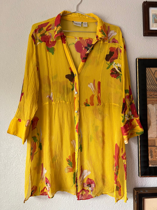 100% Pure Silk Yellow & Red Long Floral Blouse - US 3