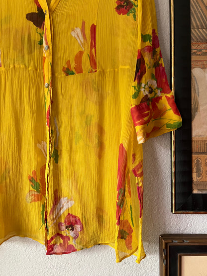 100% Pure Silk Yellow & Red Long Floral Blouse - US 3