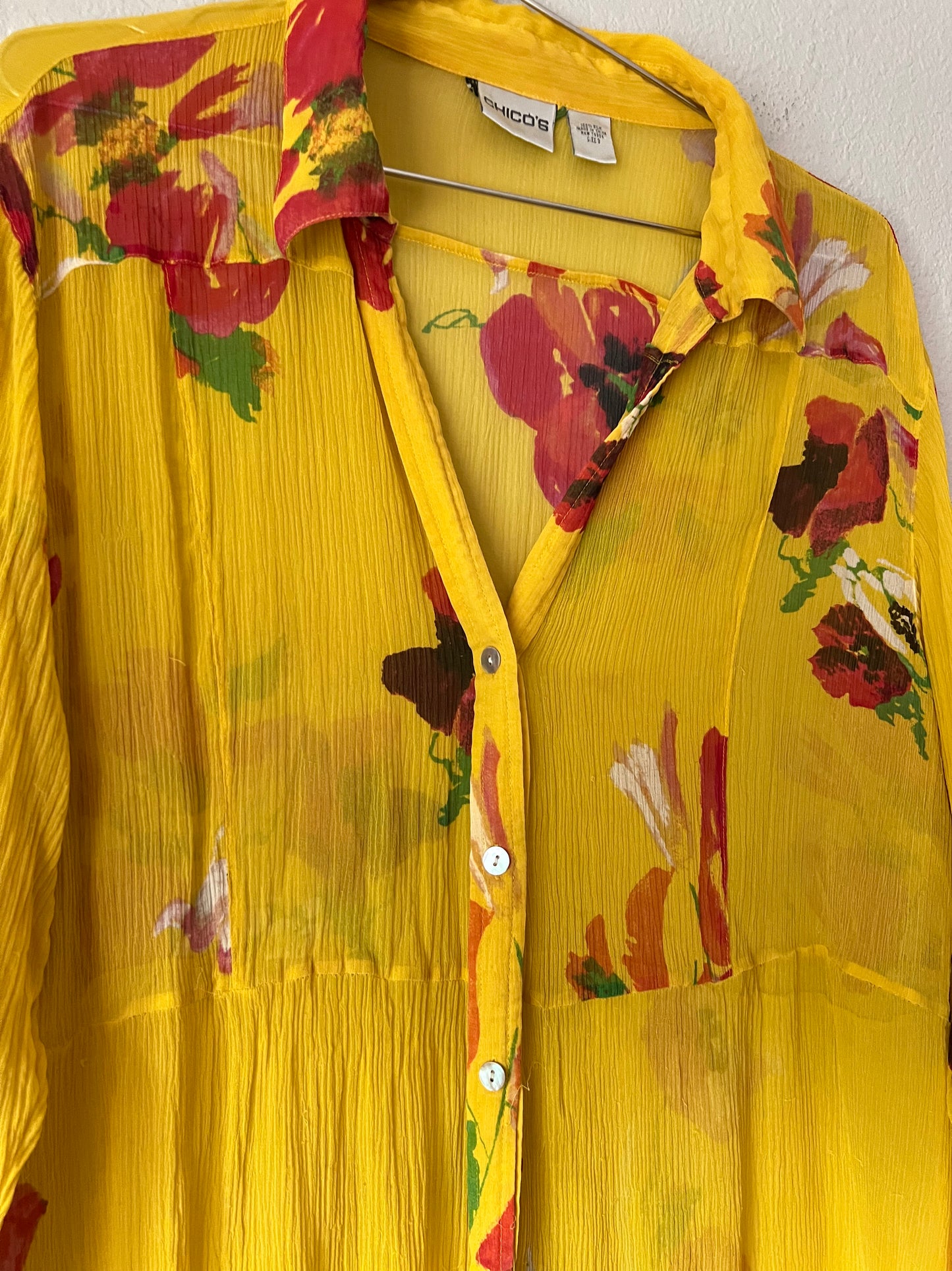 100% Pure Silk Yellow & Red Long Floral Blouse - US 3