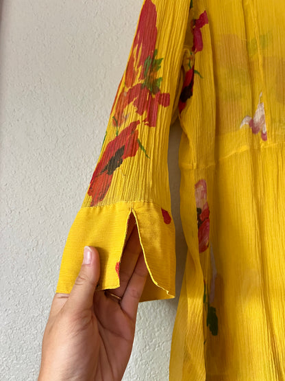 100% Pure Silk Yellow & Red Long Floral Blouse - US 3