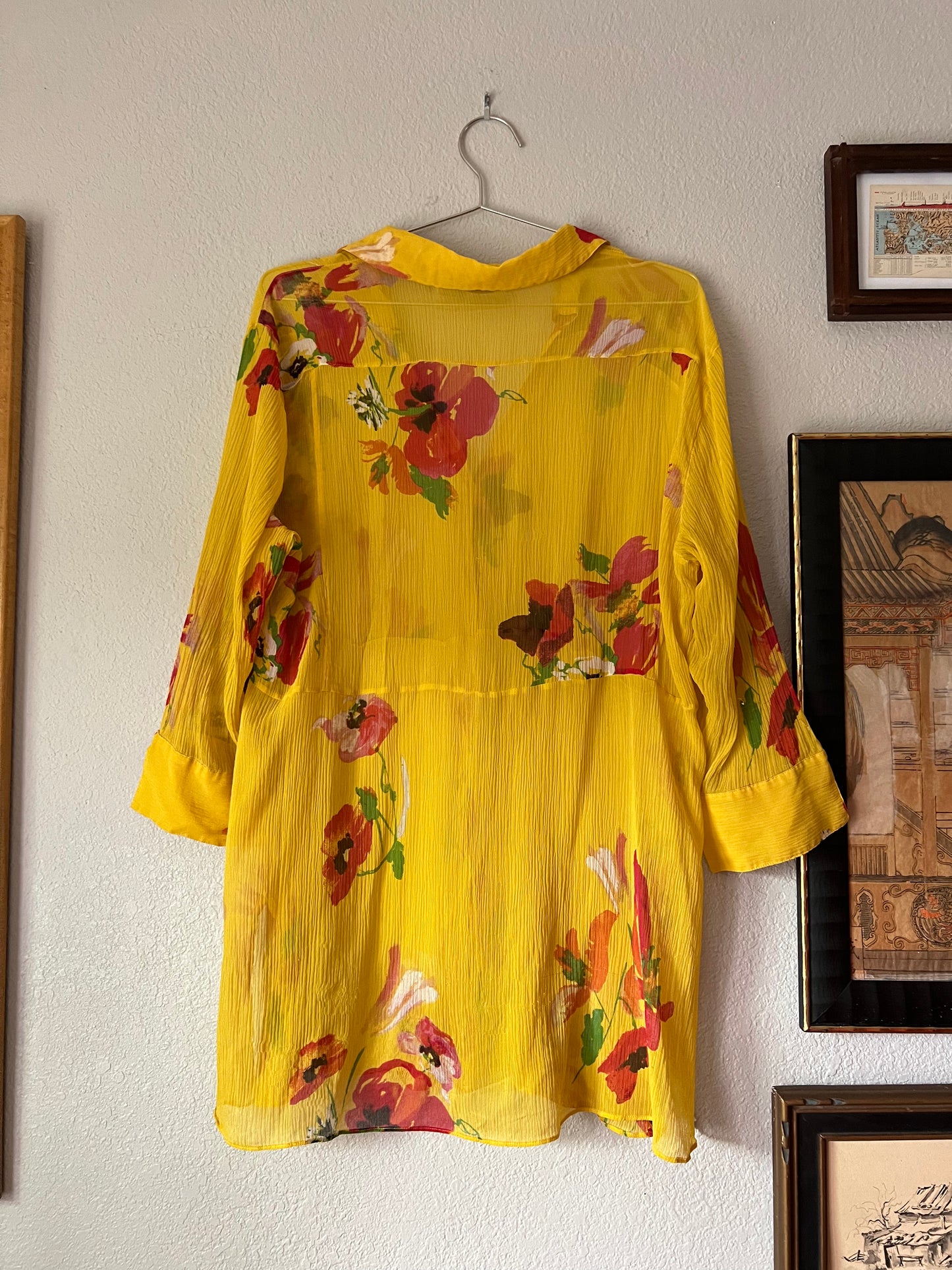 100% Pure Silk Yellow & Red Long Floral Blouse - US 3