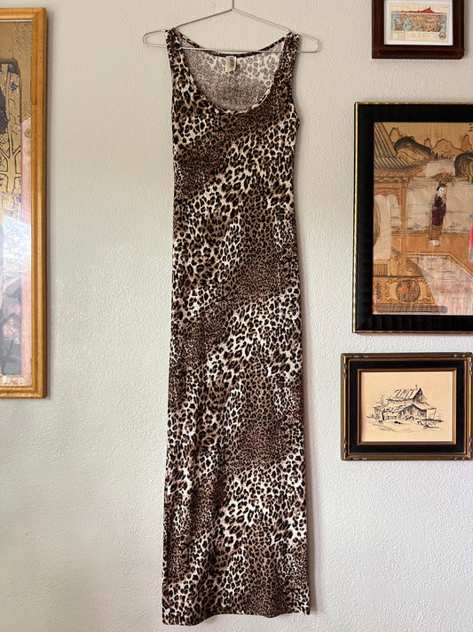 Y2K Vintage Leopard Printed Made in USA Bodycon Maxi Dress - Medium