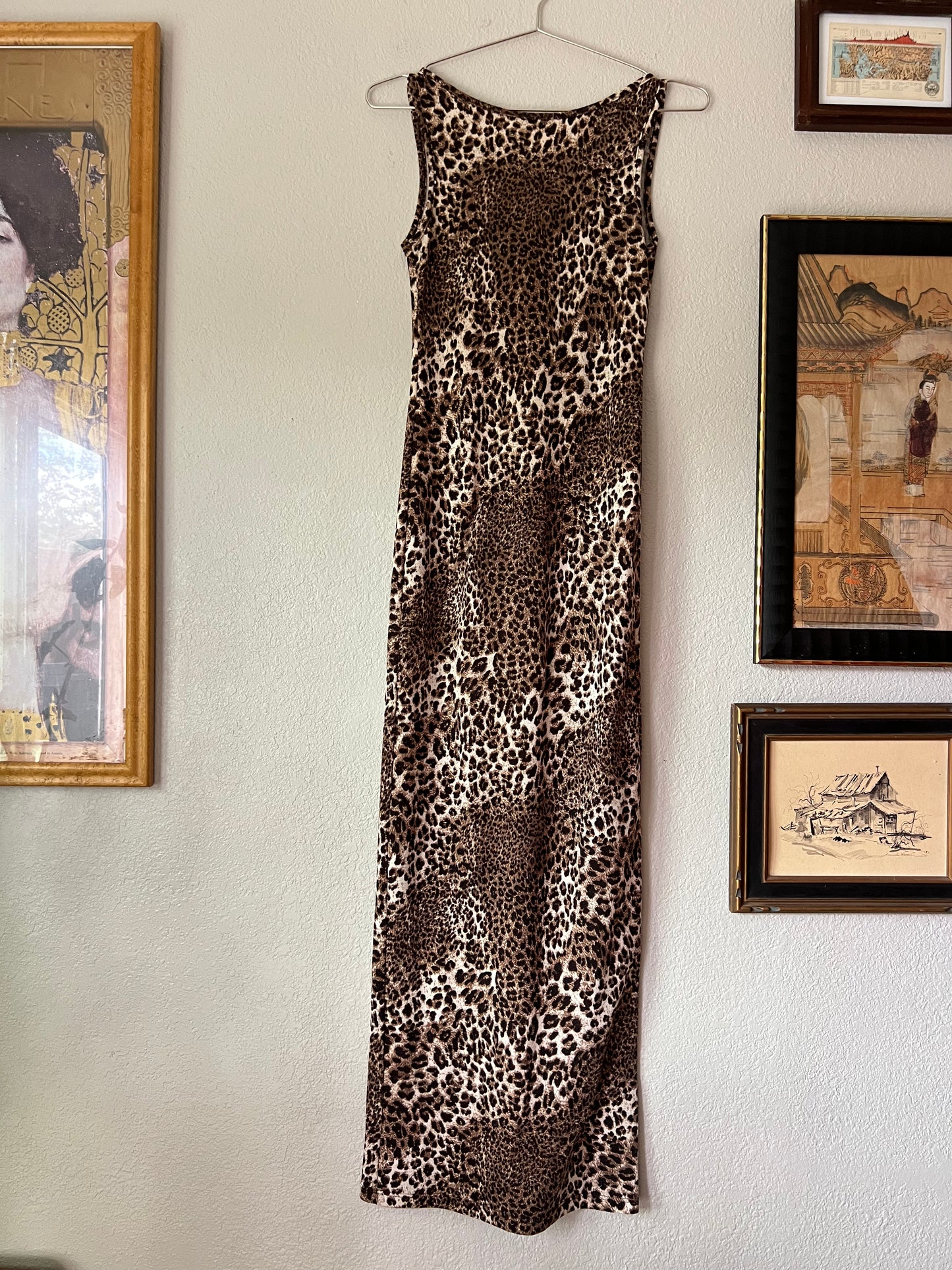 Y2K Vintage Leopard Printed Made in USA Bodycon Maxi Dress - Medium