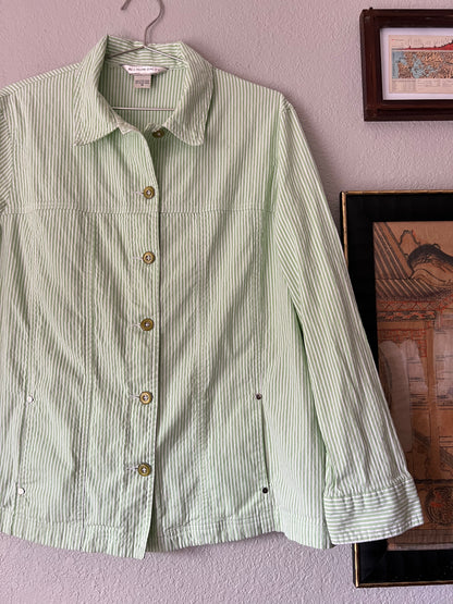 Allison Daley Pistachio Green Stripped Textured Light Jacket Blouse - US 14