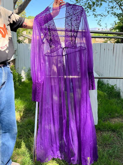 Purple Sheer Cover Up with Lace Sleeves and Ruffled Bottom