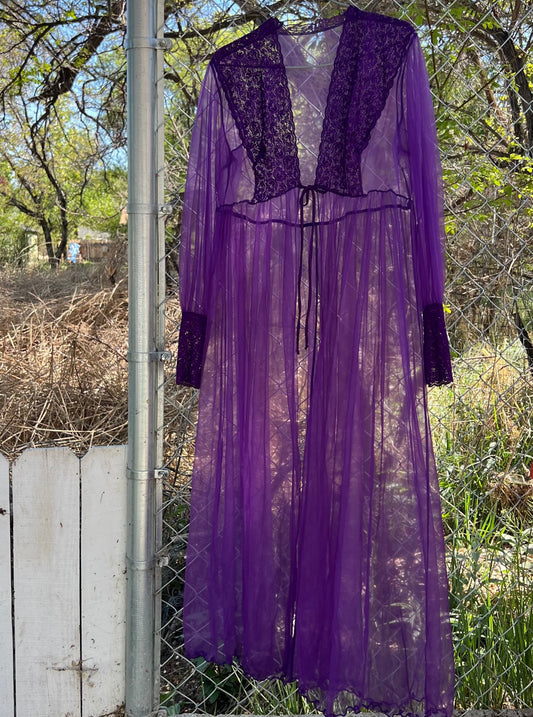 Purple Sheer Cover Up with Lace Sleeves and Ruffled Bottom