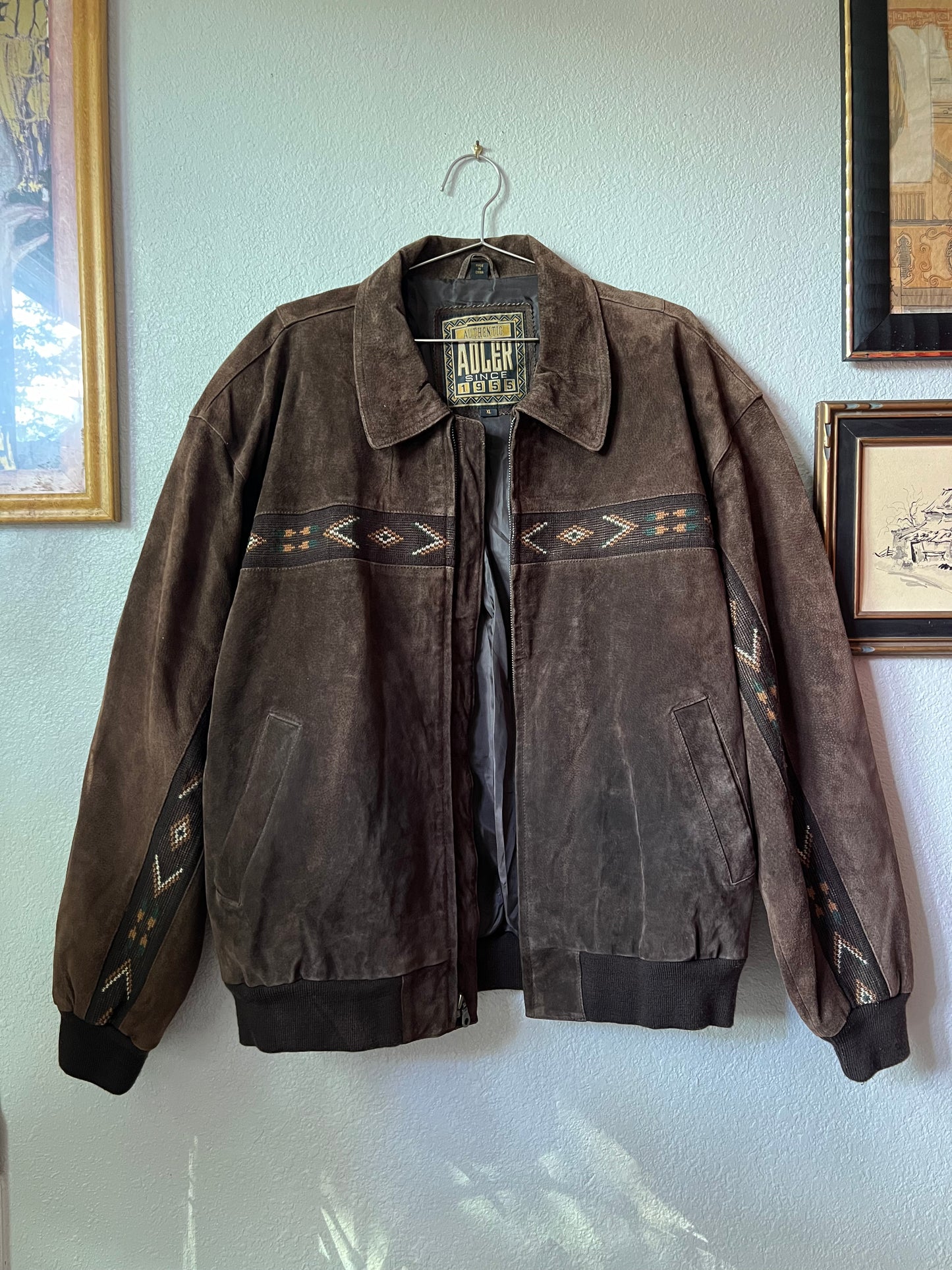 90s Adler Brown Genuine Suede Jacket with Front and Sleeves Boho Design - XL