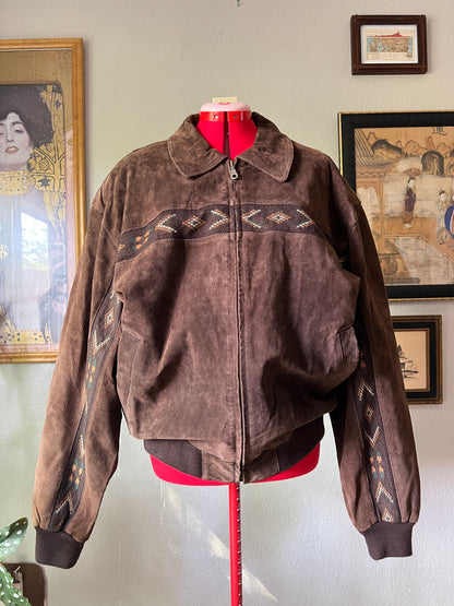 90s Adler Brown Genuine Suede Jacket with Front and Sleeves Boho Design - XL