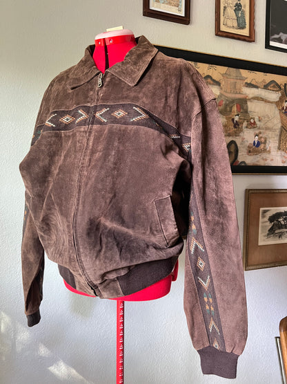 90s Adler Brown Genuine Suede Jacket with Front and Sleeves Boho Design - XL