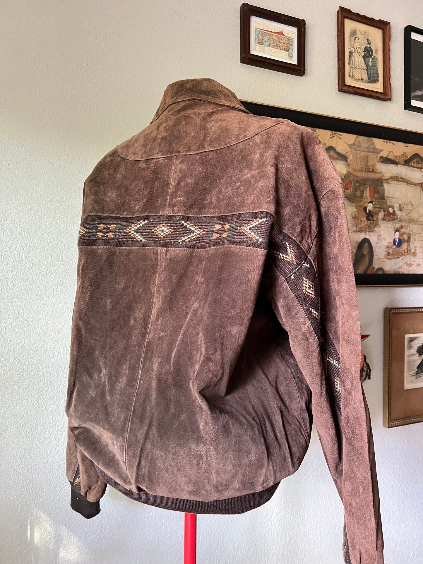 90s Adler Brown Genuine Suede Jacket with Front and Sleeves Boho Design - XL