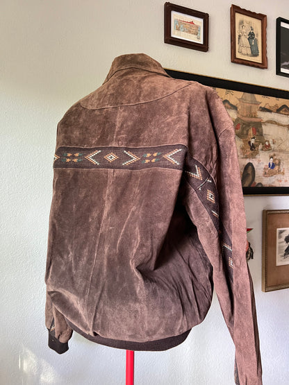 90s Adler Brown Genuine Suede Jacket with Front and Sleeves Boho Design - XL