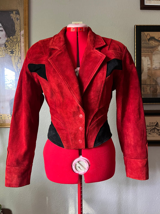 RARE & RESTORED 80s Chia Red and Black Cropped Thriller Suede Jacket - Medium