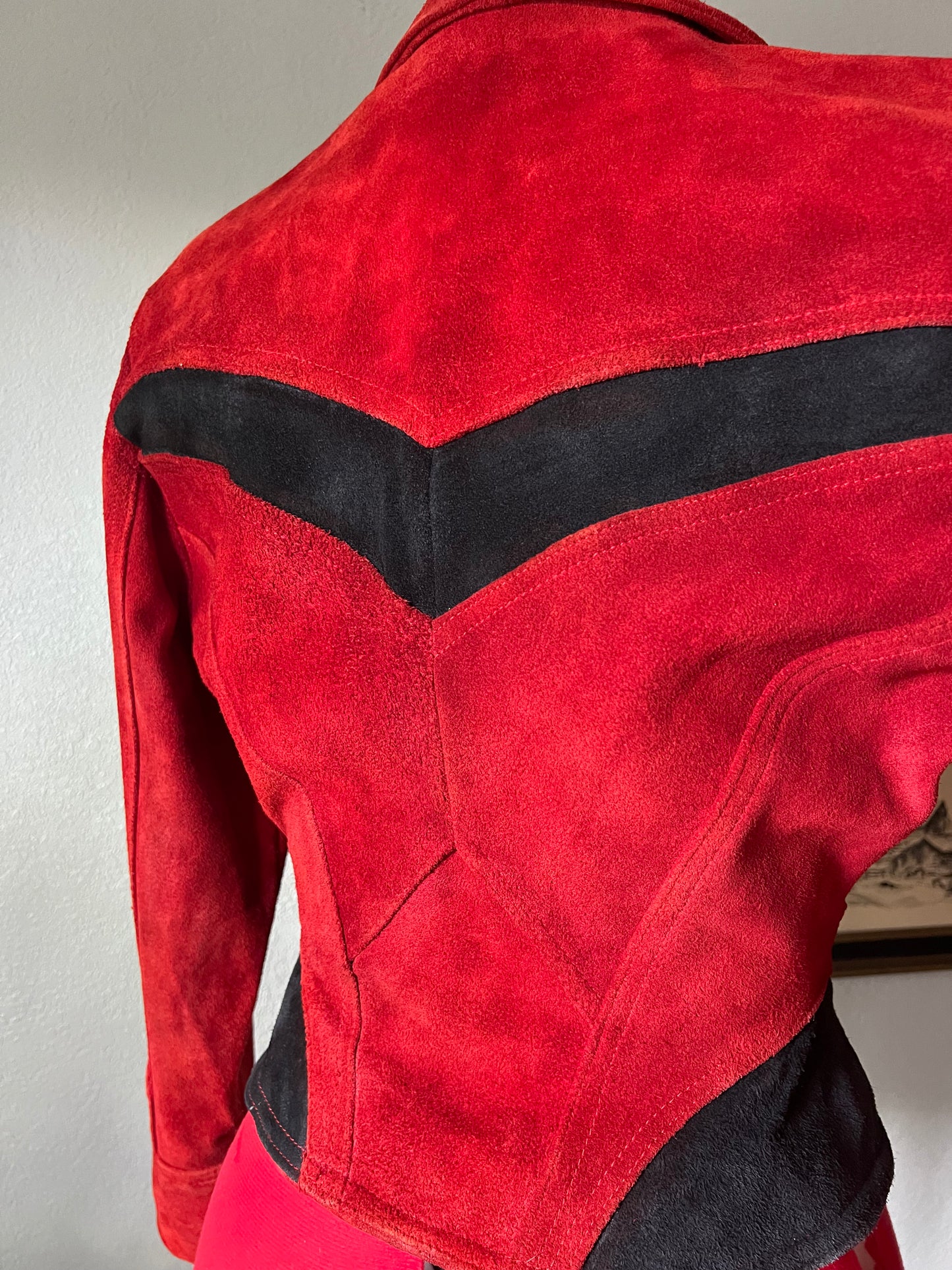 RARE & RESTORED 80s Chia Red and Black Cropped Thriller Suede Jacket - Medium