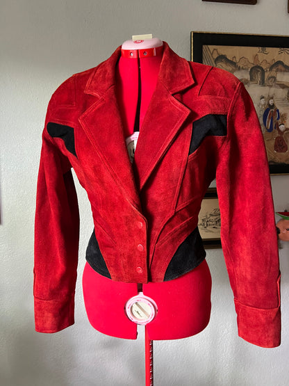 RARE & RESTORED 80s Chia Red and Black Cropped Thriller Suede Jacket - Medium