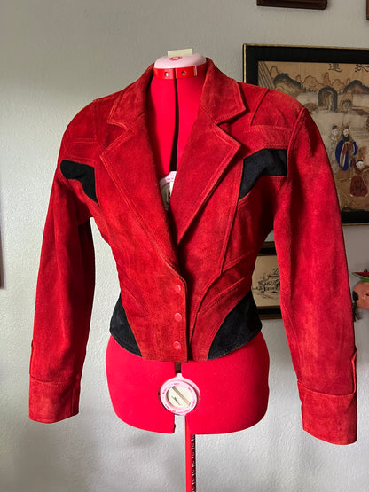 RARE & RESTORED 80s Chia Red and Black Cropped Thriller Suede Jacket - Medium