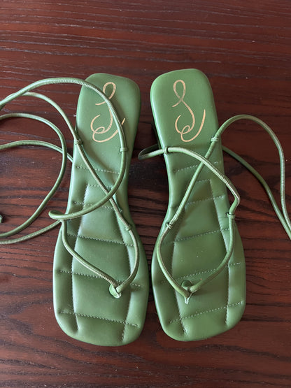 Sam Edelman Fae Green Leather Embossed Square Tie Up Heeled Sandal - US 9