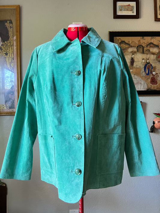 Dennis Basso Genuine Suede Leather Jacket Seafoam Teal Turquoise with Pockets - XL