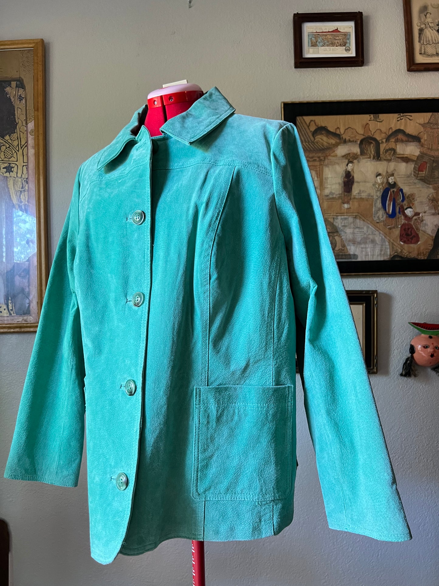 Dennis Basso Genuine Suede Leather Jacket Seafoam Teal Turquoise with Pockets - XL