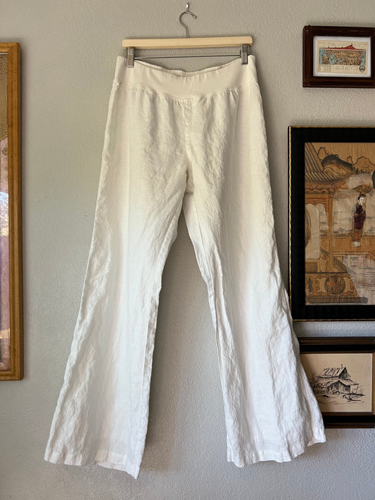 Pure Linen w Cotton Lining Calvin Klein Rib Waist Trousers Pants White High Waisted - XL