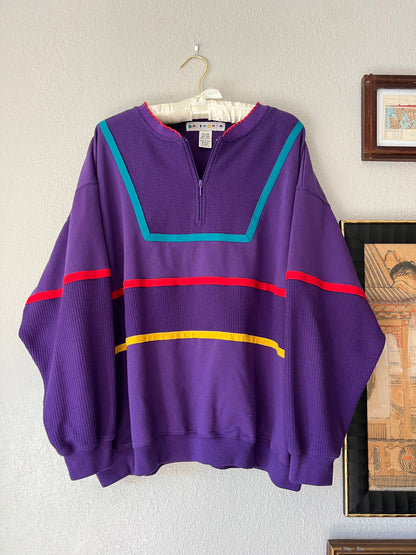 80s Purple Primary Color 3/4 Zip Sweater with Ribbed Sleeves - XL