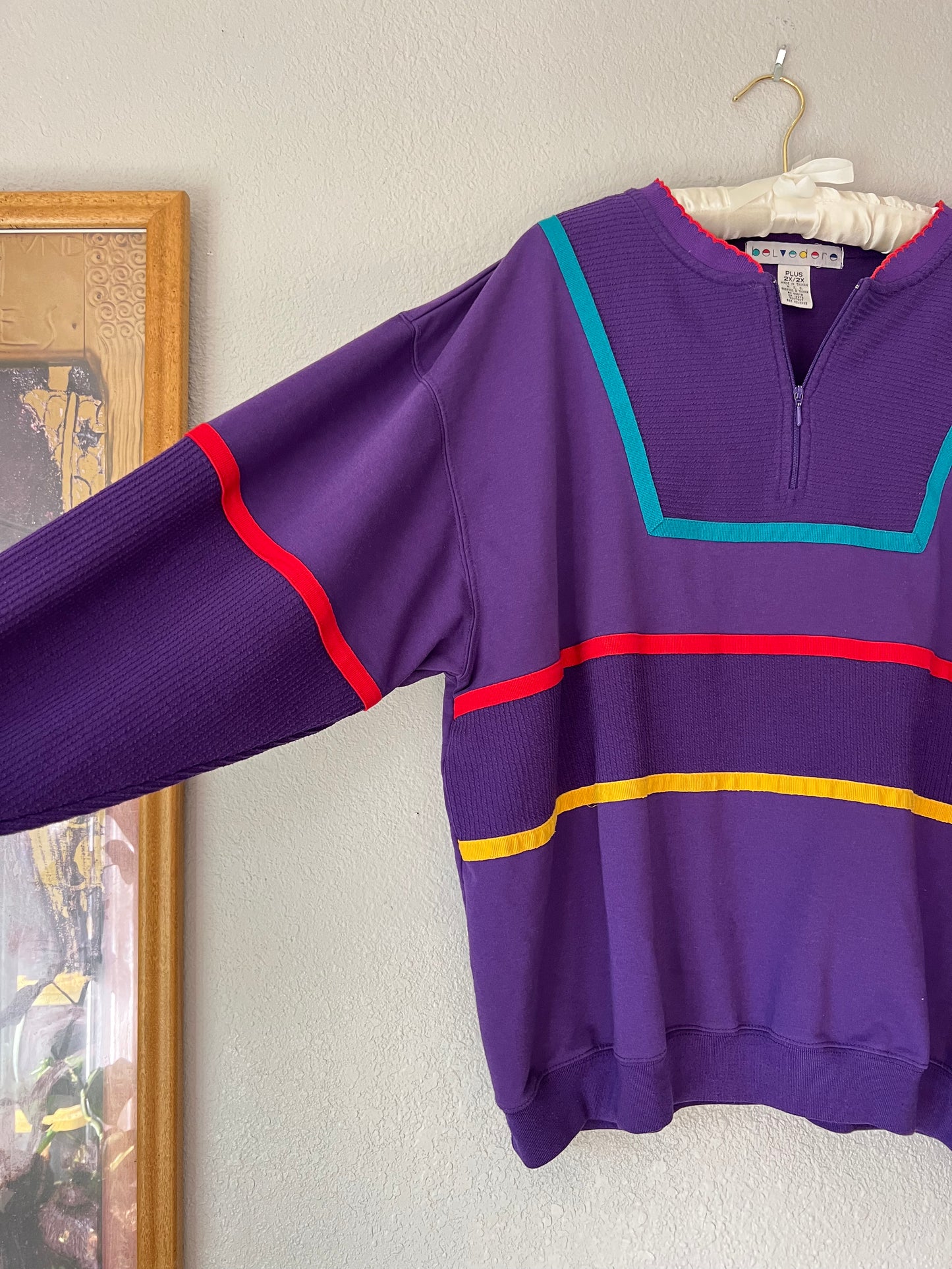 80s Purple Primary Color 3/4 Zip Sweater with Ribbed Sleeves - XL