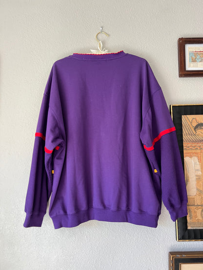 80s Purple Primary Color 3/4 Zip Sweater with Ribbed Sleeves - XL