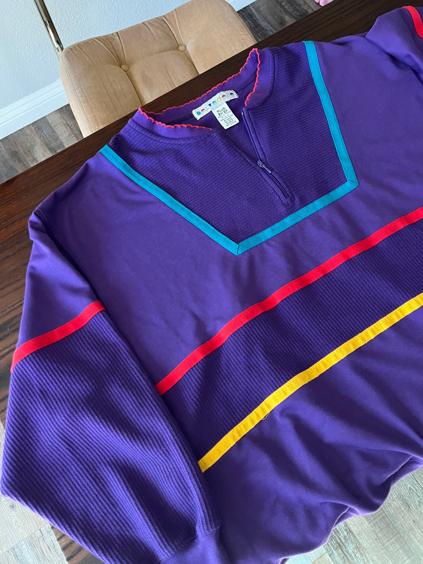 80s Purple Primary Color 3/4 Zip Sweater with Ribbed Sleeves - XL