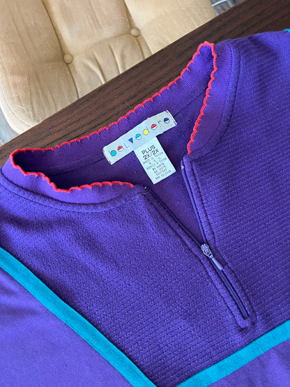 80s Purple Primary Color 3/4 Zip Sweater with Ribbed Sleeves - XL