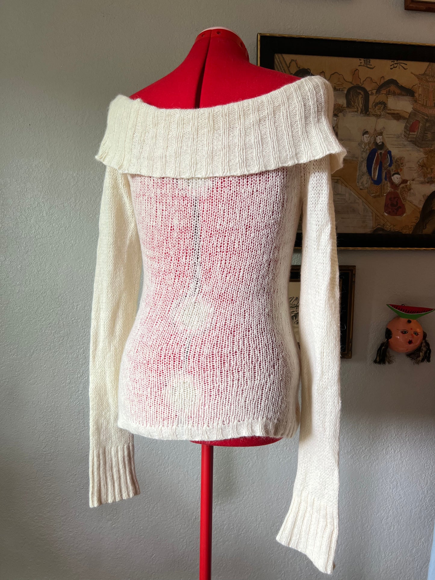 Y2K Angora Off Shoulder Knitted Sweater in Cream American Eagle - Medium