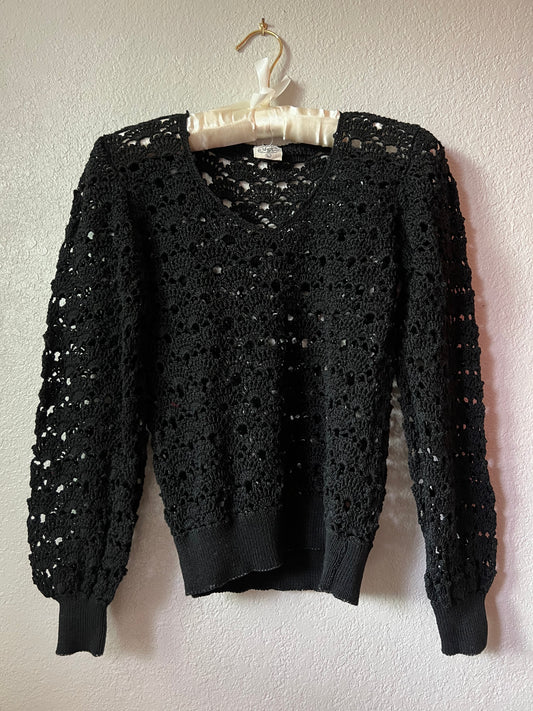 Handmade Maiden Lace Black Crochet Long Balloon Sleeve Shirt - Small