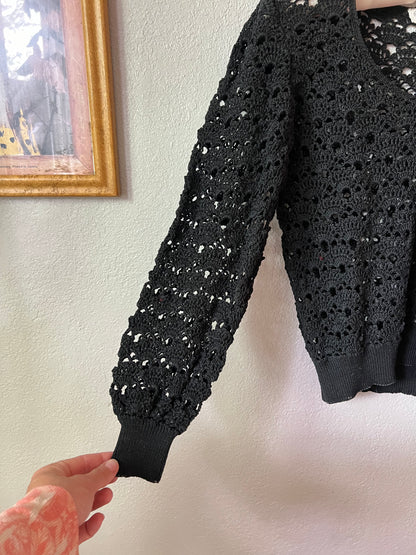 Handmade Maiden Lace Black Crochet Long Balloon Sleeve Shirt - Small