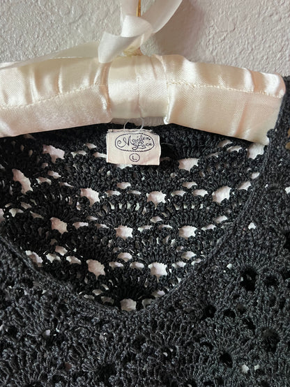 Handmade Maiden Lace Black Crochet Long Balloon Sleeve Shirt - Small