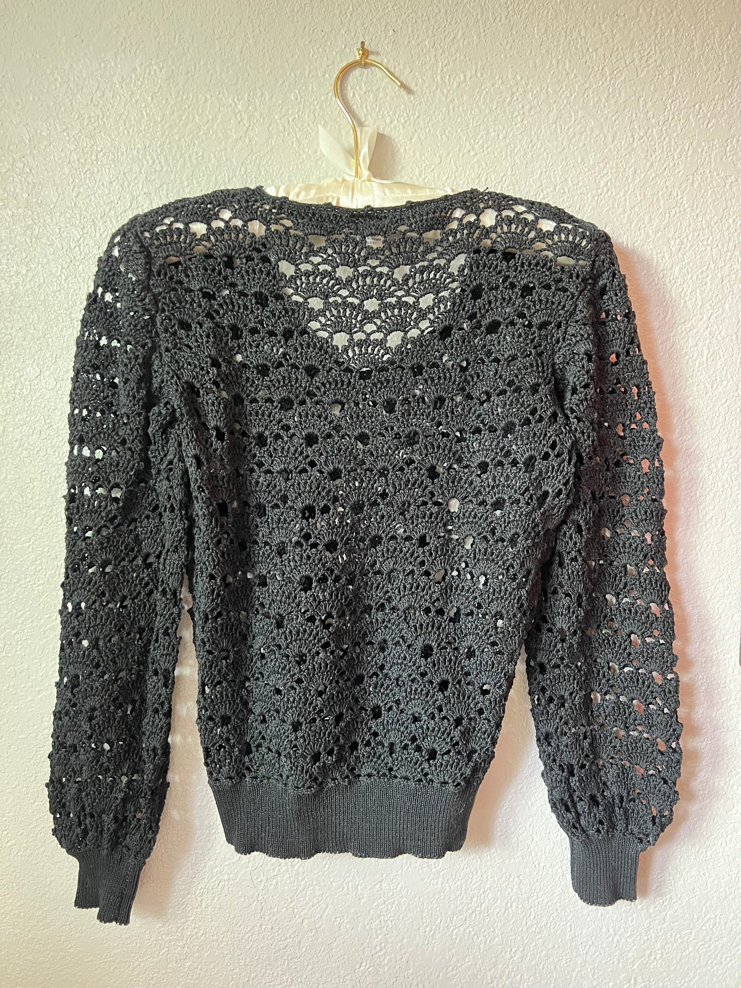 Handmade Maiden Lace Black Crochet Long Balloon Sleeve Shirt - Small