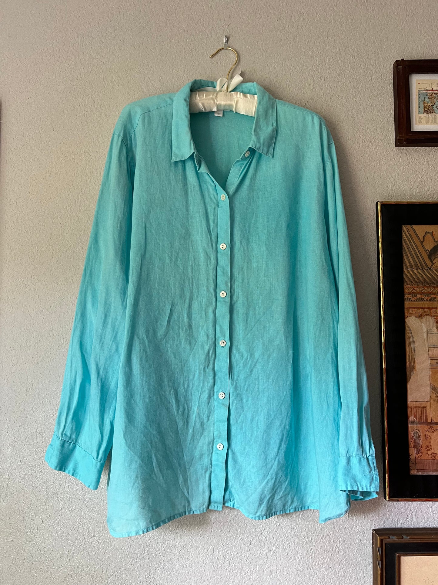 100% Linen J.Jill Teal Aqua Blue Button Up Blouse - XL