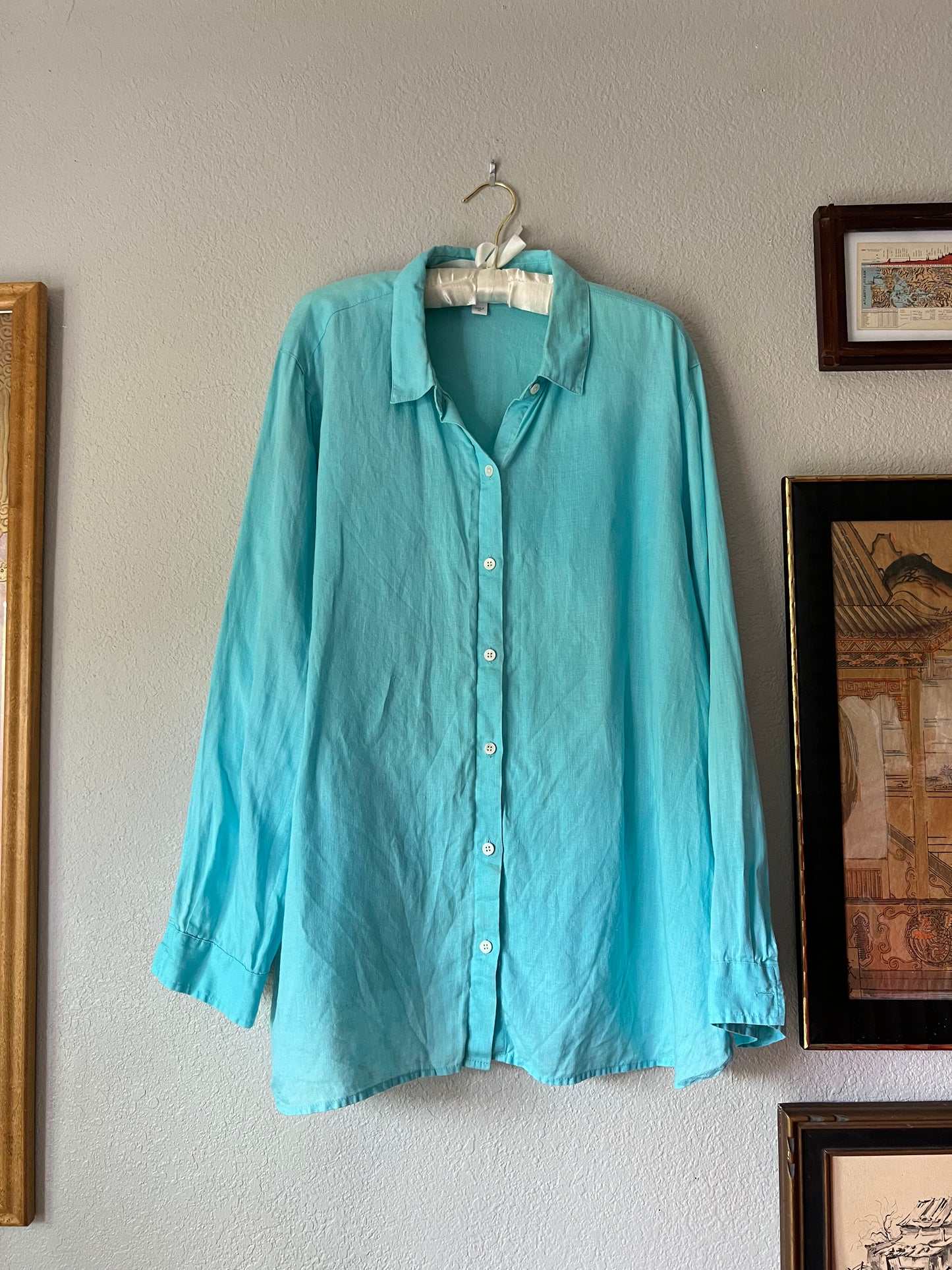 100% Linen J.Jill Teal Aqua Blue Button Up Blouse - XL