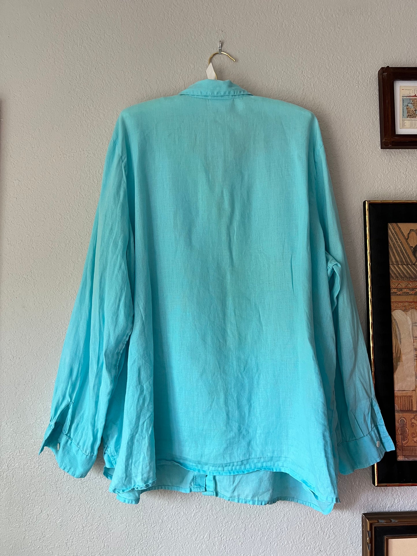 100% Linen J.Jill Teal Aqua Blue Button Up Blouse - XL