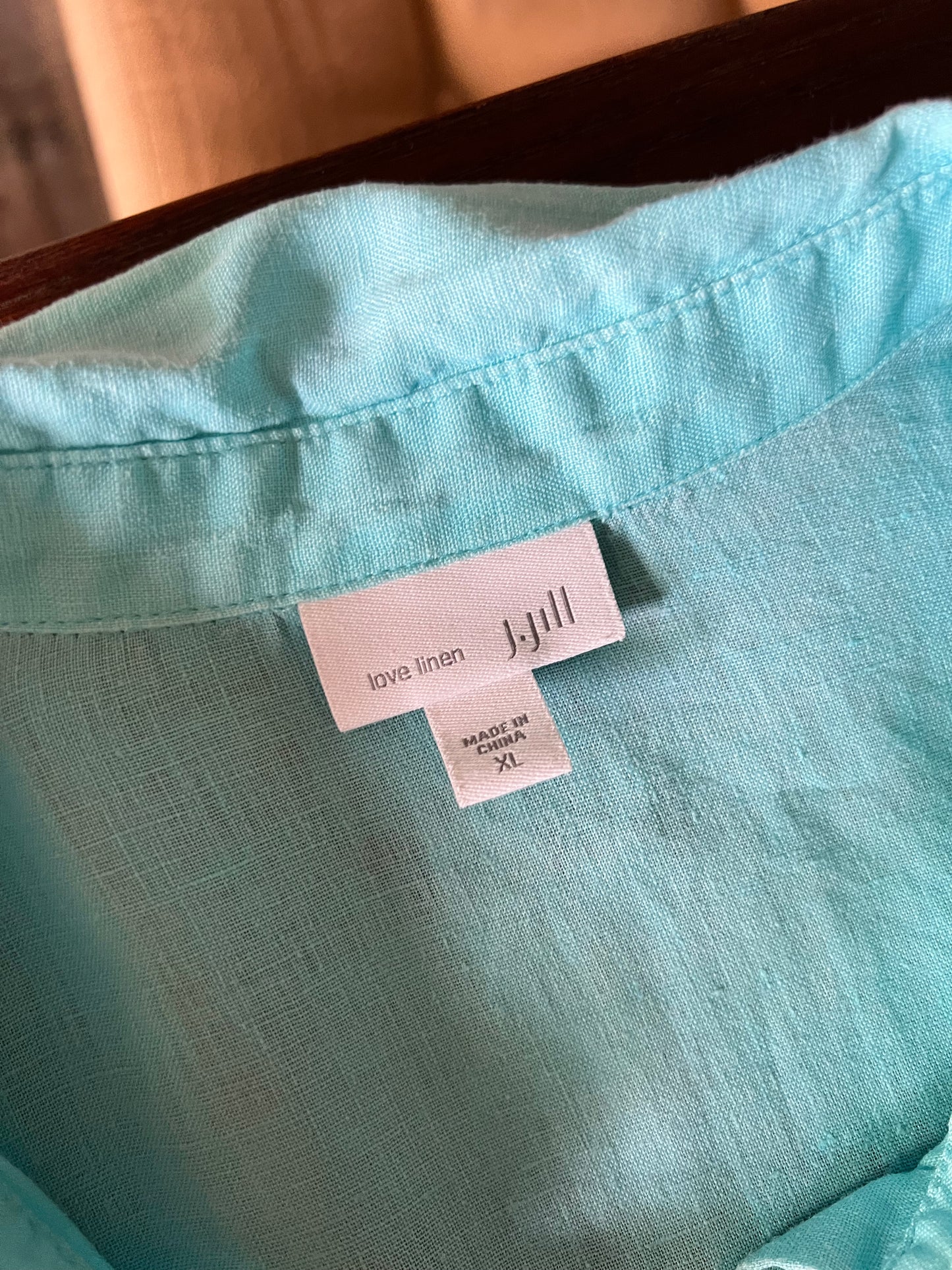 100% Linen J.Jill Teal Aqua Blue Button Up Blouse - XL