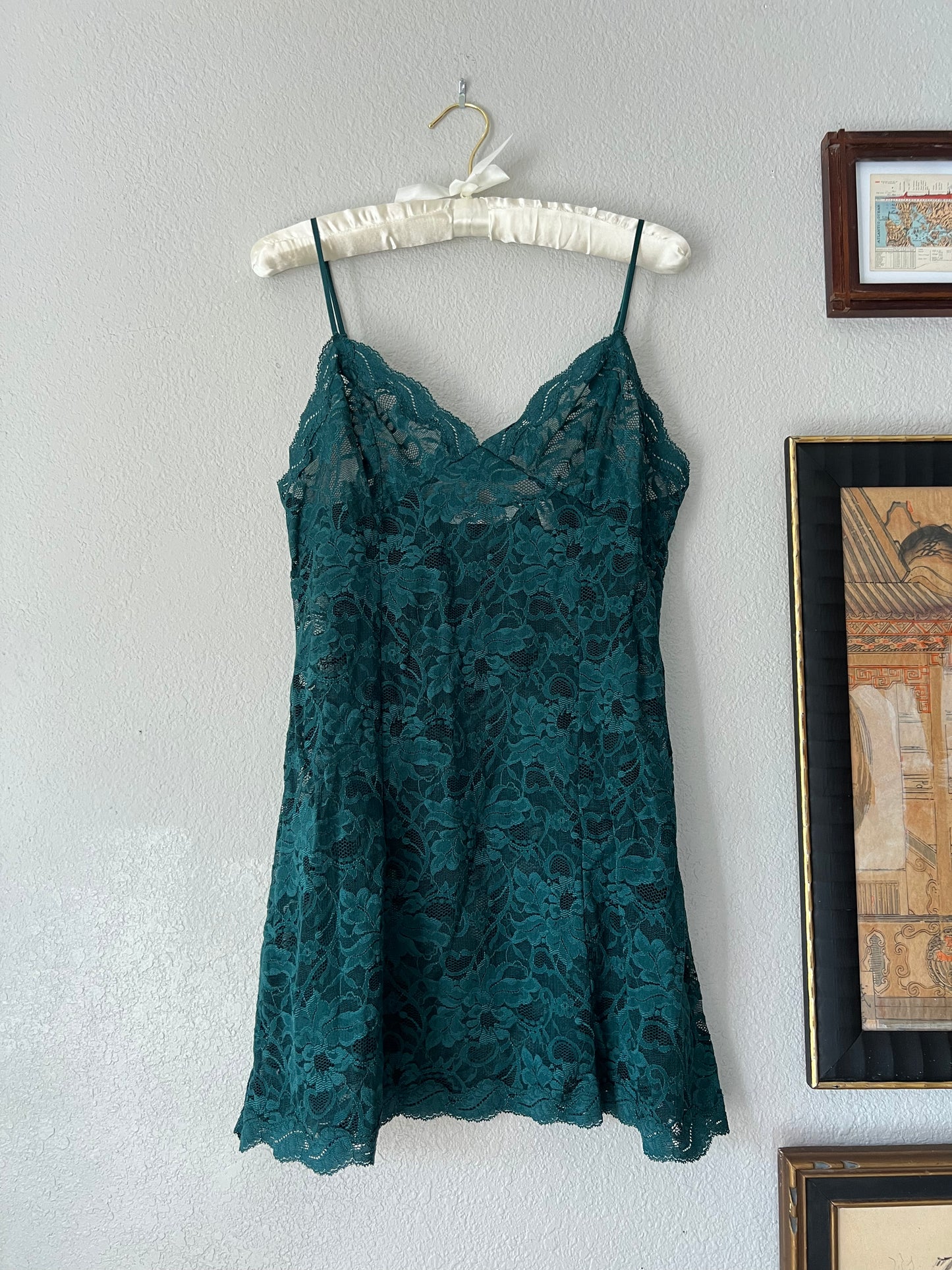 Victoria's Secret Emerald Green Lace Mini Slip Dress - Medium