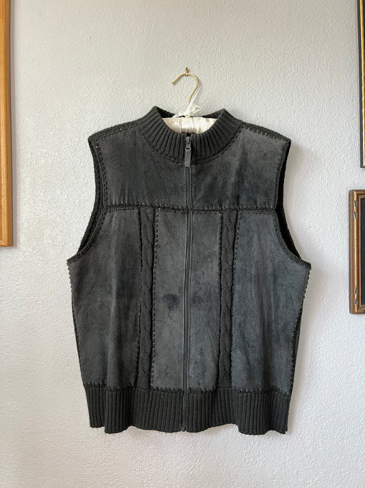 90s Vintage Genuine Suede Grey Vest with Knitted Back and Neck - Large