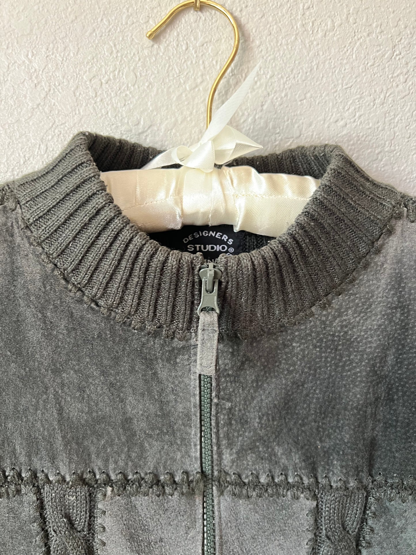 90s Vintage Genuine Suede Grey Vest with Knitted Back and Neck - Large