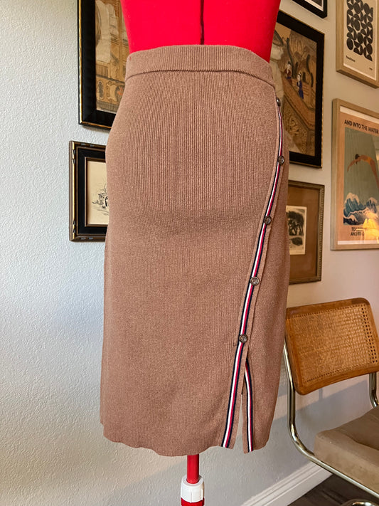 Tommy Hilfiger Brown Knitted Midi Skirt with Side Buttons - XS