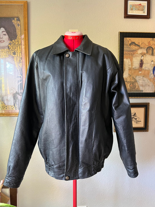 90s Vintage Black Bomber Leather Jacket with Removable Insulation - XL