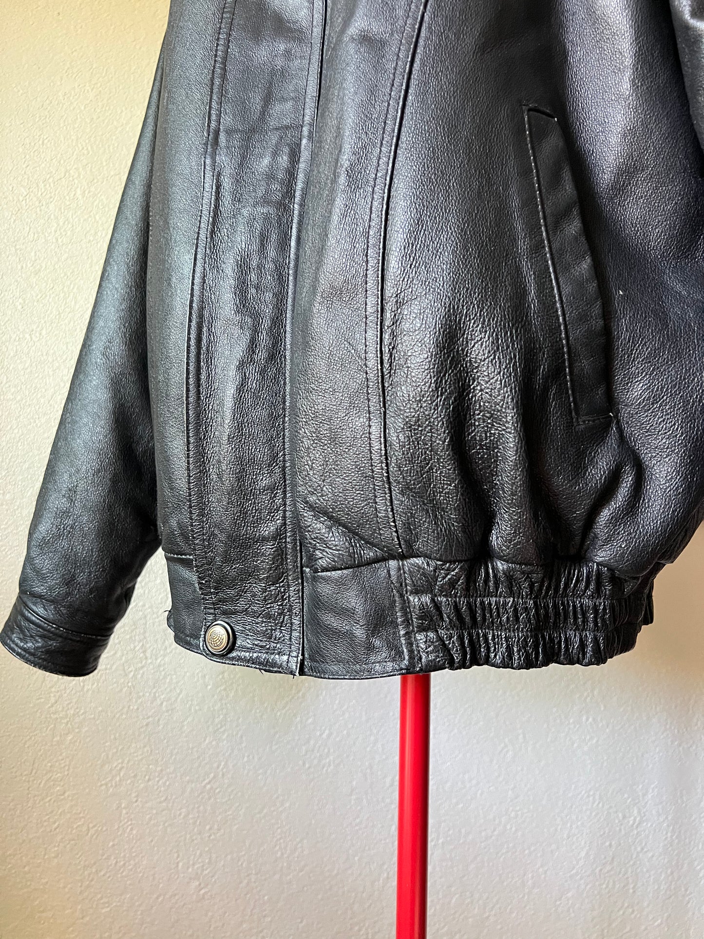 90s Vintage Black Bomber Leather Jacket with Removable Insulation - XL