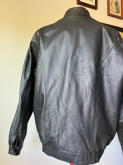 90s Vintage Black Bomber Leather Jacket with Removable Insulation - XL