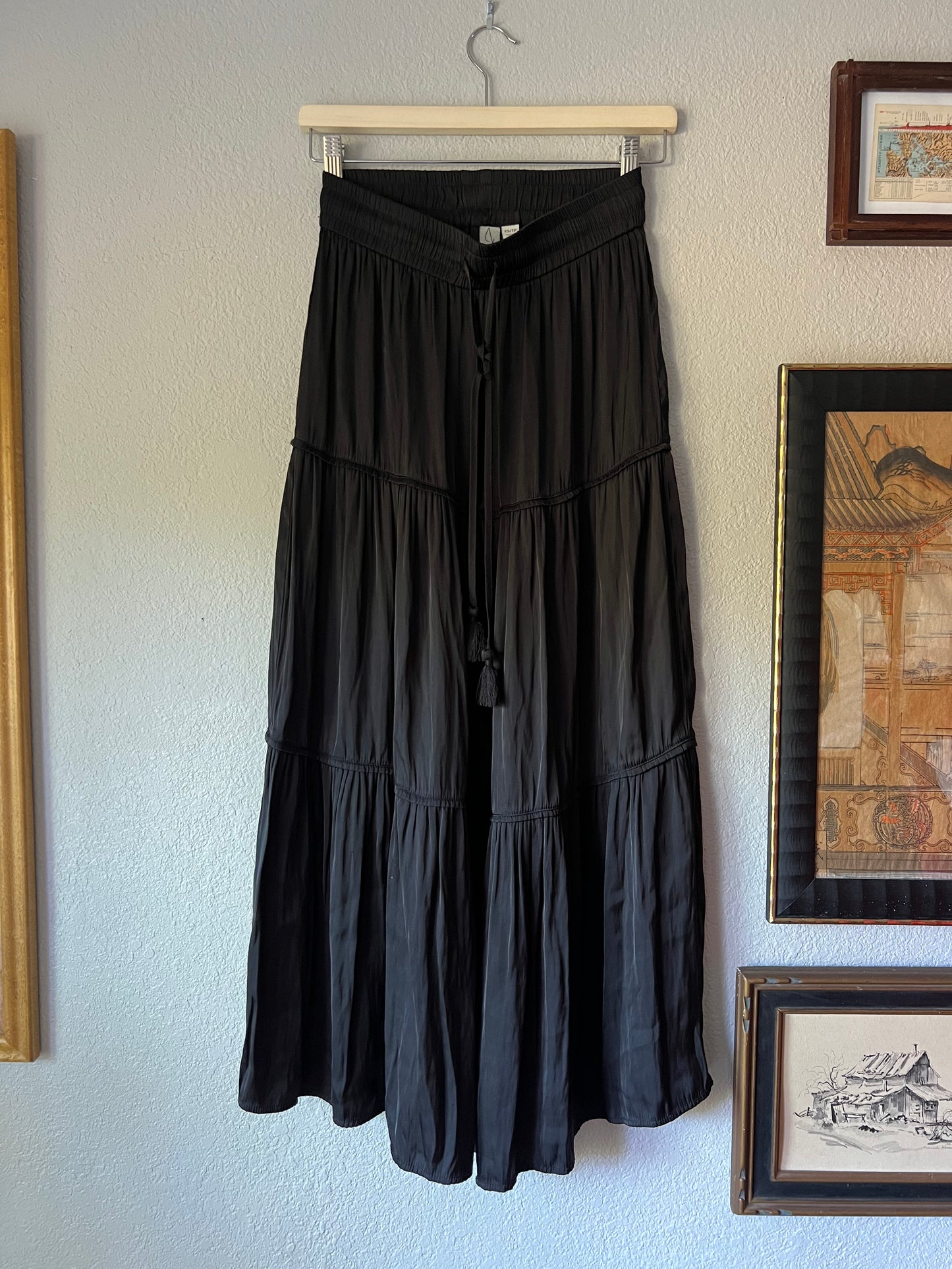 JOIE Black Satin Tiered Peasant Maxi Skirt LIKE NEW - XS