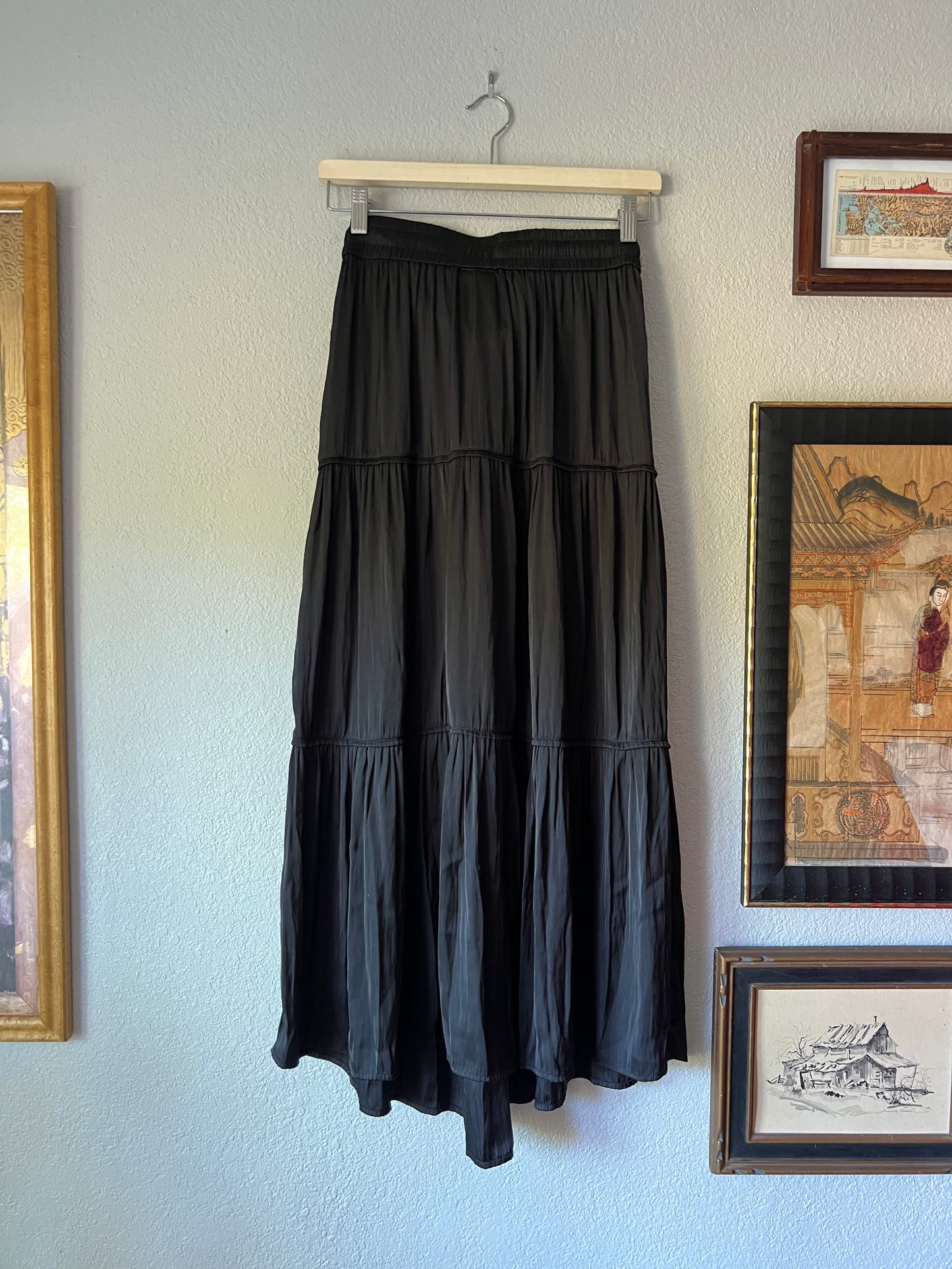 JOIE Black Satin Tiered Peasant Maxi Skirt LIKE NEW - XS