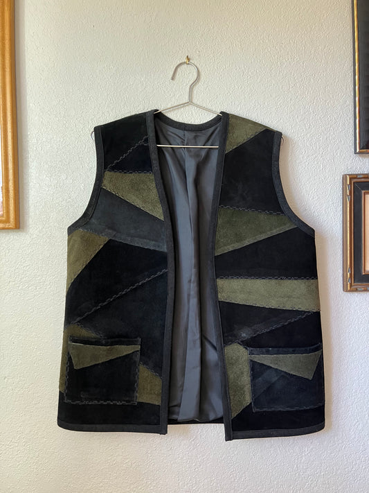 Vintage Leather Suede Patchwork Vest with Contrasting Stitches