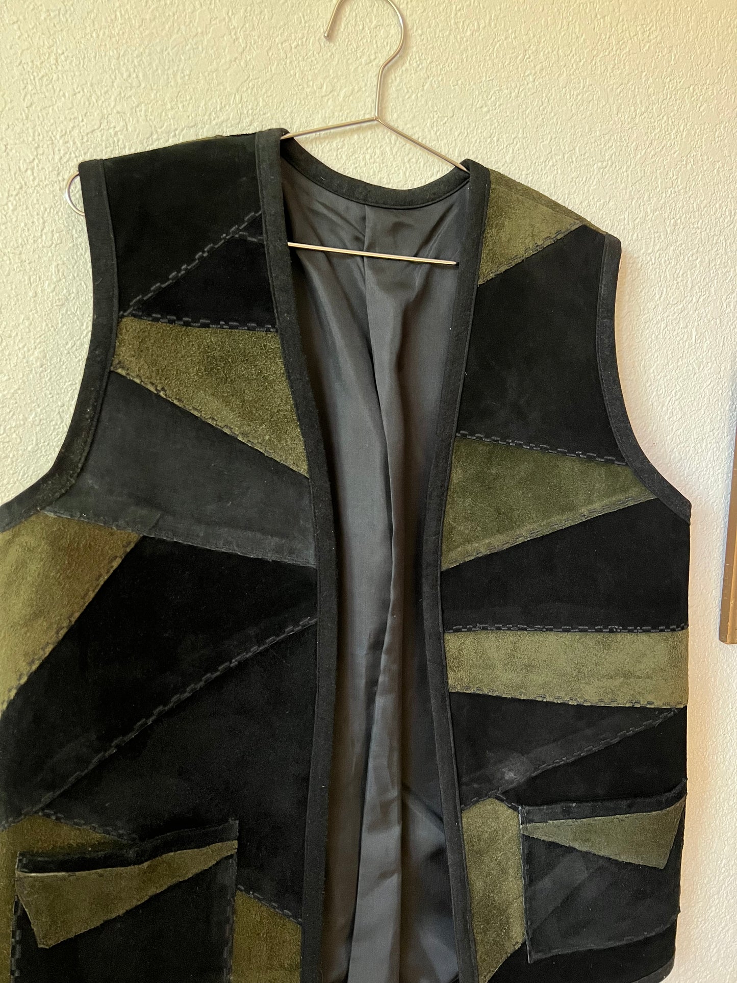 Vintage Leather Suede Patchwork Vest with Contrasting Stitches