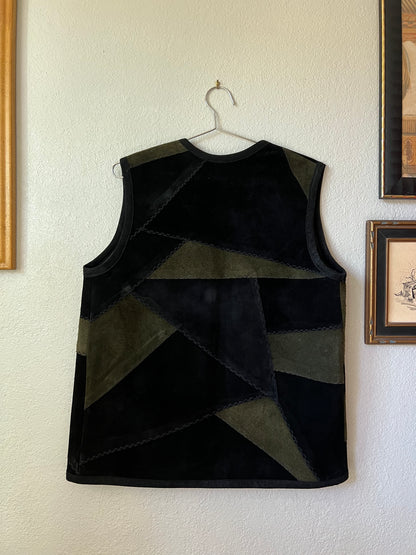 Vintage Leather Suede Patchwork Vest with Contrasting Stitches