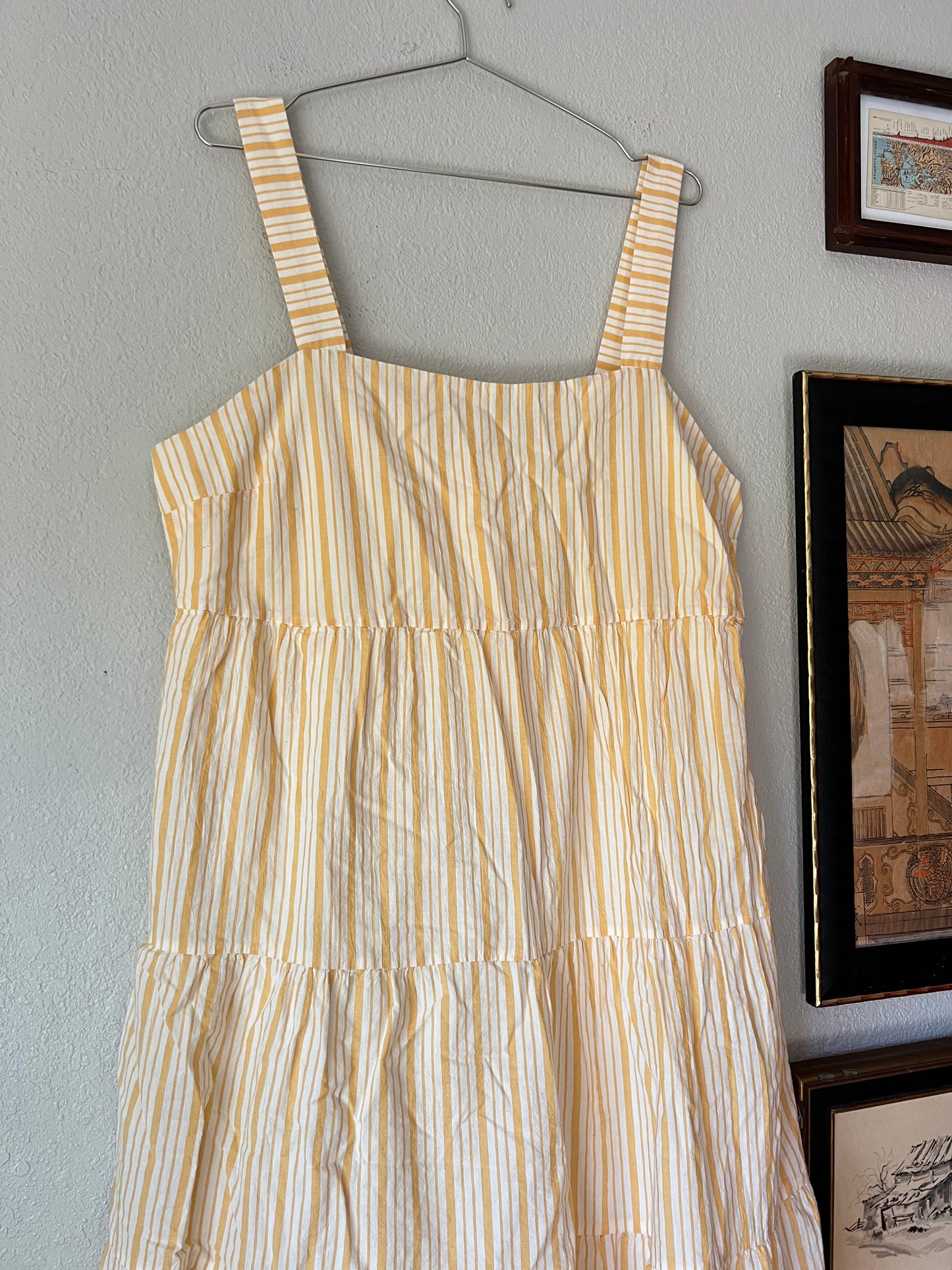 Madewell Yellow and White Striped Button-Back Tiered Midi Dress - US 16